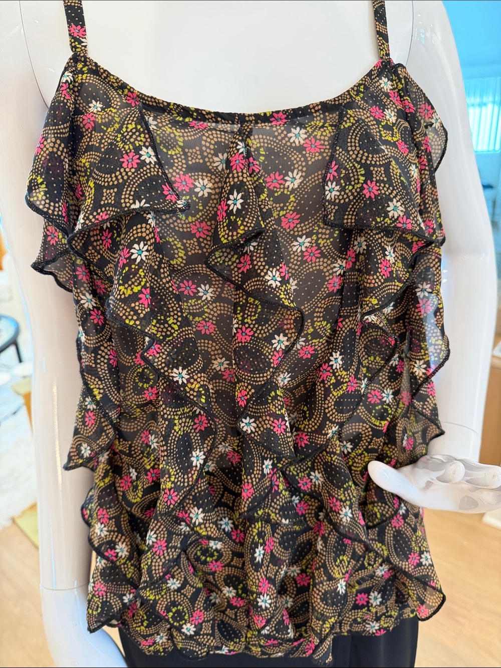 Xhilaration Black Floral Ruffle Cami with Pink & White Accents
